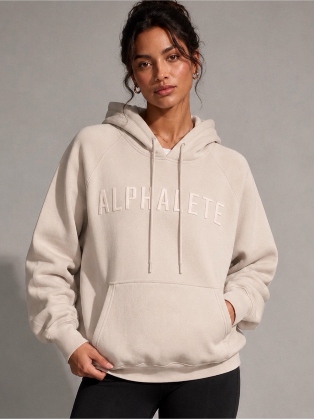 ALPHALETE Cream Embossed Logo Pullover Hooded Sweatshirt Size S